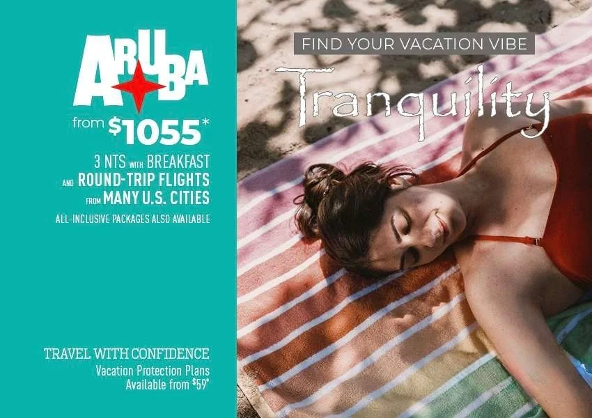 Aruba from $1,055 travel deal flyer with a traveler resting on a beach