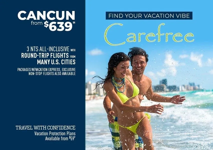 Cancun from $639 travel deal flyer with travelers enjoying a turquoise pool